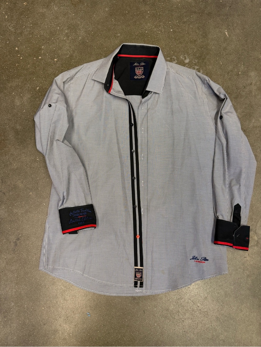 Men's Long-Sleeve Button Shirt - Light Gray with Black micro-check pattern